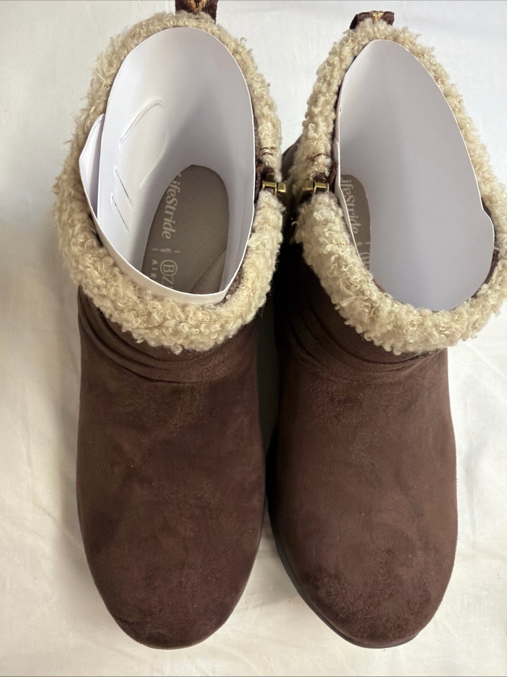 Brown Faux-Suede Shearling Cuff Ankle Boots - Women
